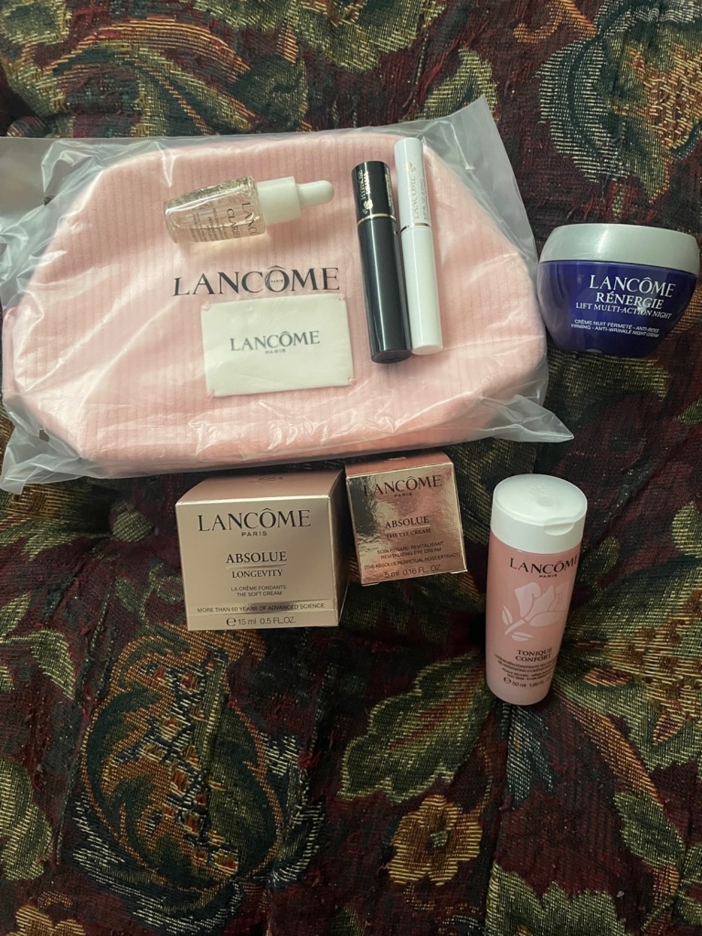Lancome Pink Cosmetic Pouch with Skincare & Makeup Set
